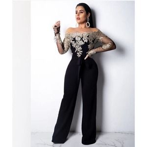 Womens Casual Fashion Off-Shoulder Elegant Gold Flower Embroidered Jumpsuit XL